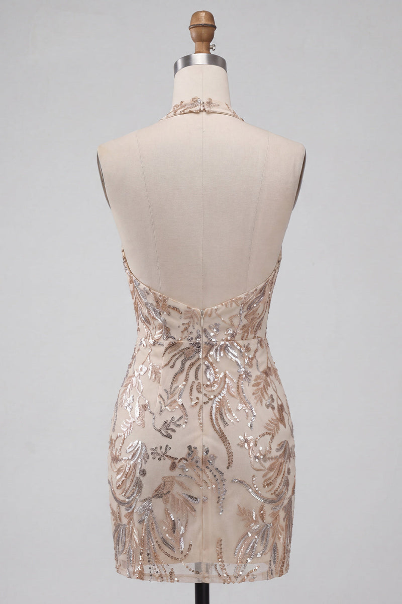 Load image into Gallery viewer, Champagne Sparkly Floral Halter Sequins Tight Short Cocktail Dress