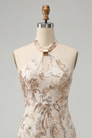 Load image into Gallery viewer, Champagne Sparkly Floral Halter Sequins Tight Short Cocktail Dress