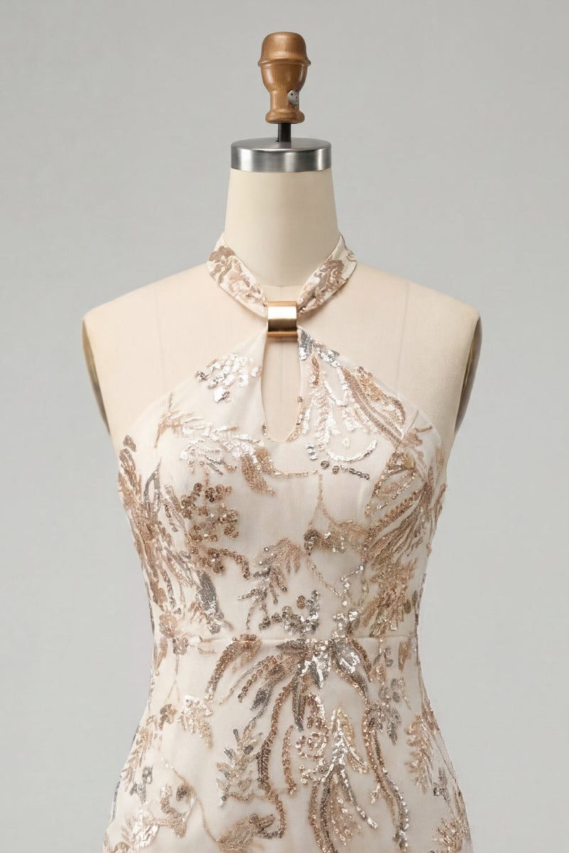 Load image into Gallery viewer, Champagne Sparkly Floral Halter Sequins Tight Short Cocktail Dress