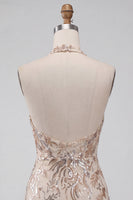 Load image into Gallery viewer, Champagne Sparkly Floral Halter Sequins Tight Short Cocktail Dress