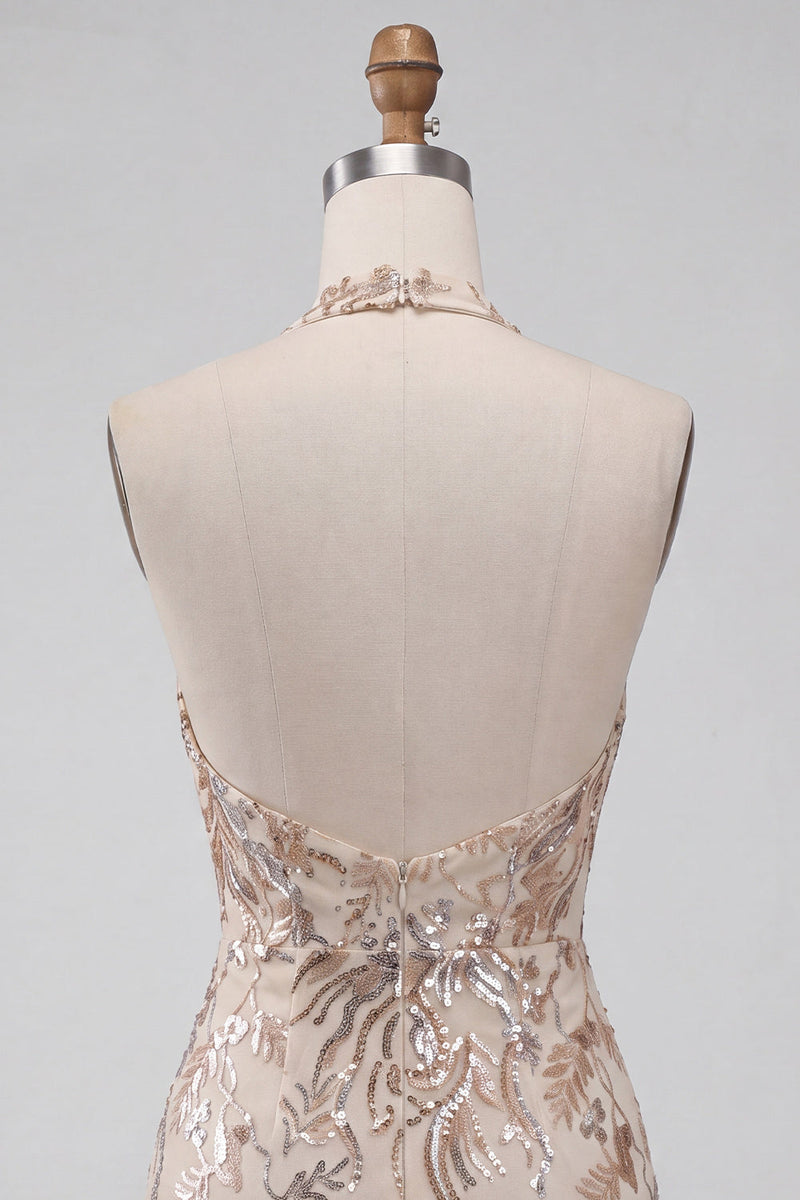 Load image into Gallery viewer, Champagne Sparkly Floral Halter Sequins Tight Short Cocktail Dress