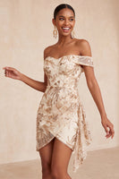 Load image into Gallery viewer, Sparkly Champagne Tight Sequins Ruched Short Floral Cocktail Dress