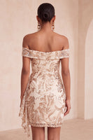 Load image into Gallery viewer, Sparkly Champagne Tight Sequins Ruched Short Floral Cocktail Dress