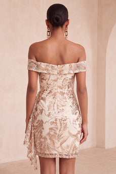 Sparkly Champagne Tight Sequins Ruched Short Floral Cocktail Dress