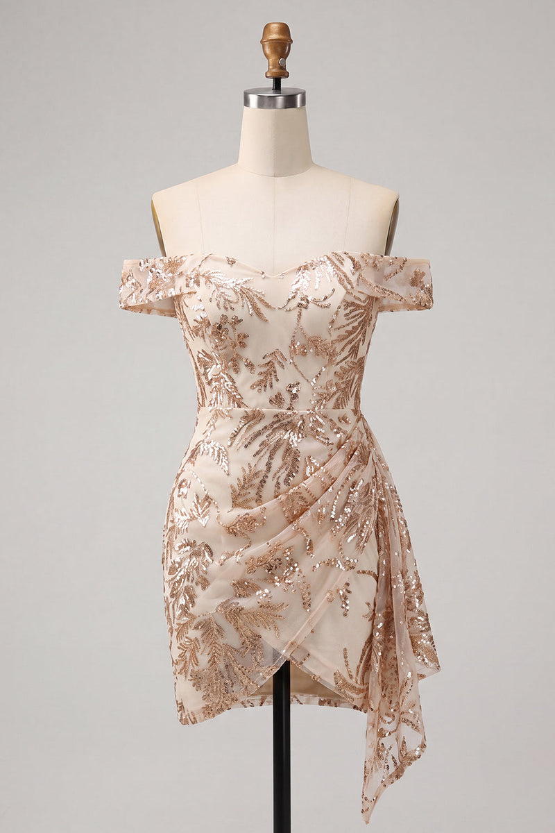 Load image into Gallery viewer, Sparkly Champagne Tight Sequins Ruched Short Floral Cocktail Dress
