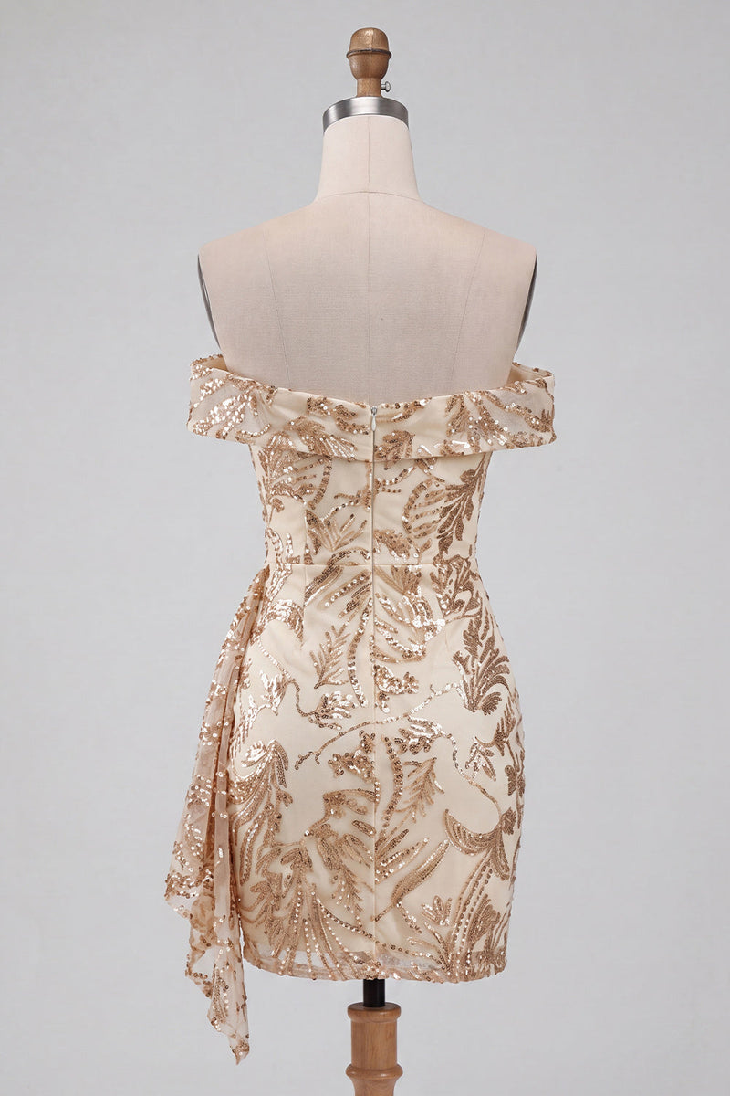Load image into Gallery viewer, Sparkly Champagne Tight Sequins Ruched Short Floral Cocktail Dress