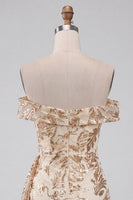 Load image into Gallery viewer, Sparkly Champagne Tight Sequins Ruched Short Floral Cocktail Dress