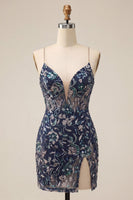 Load image into Gallery viewer, Navy Sparkly Tight Sequins FloralShort Cocktail Dress with Slit