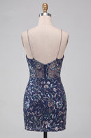 Load image into Gallery viewer, Navy Sparkly Tight Sequins FloralShort Cocktail Dress with Slit