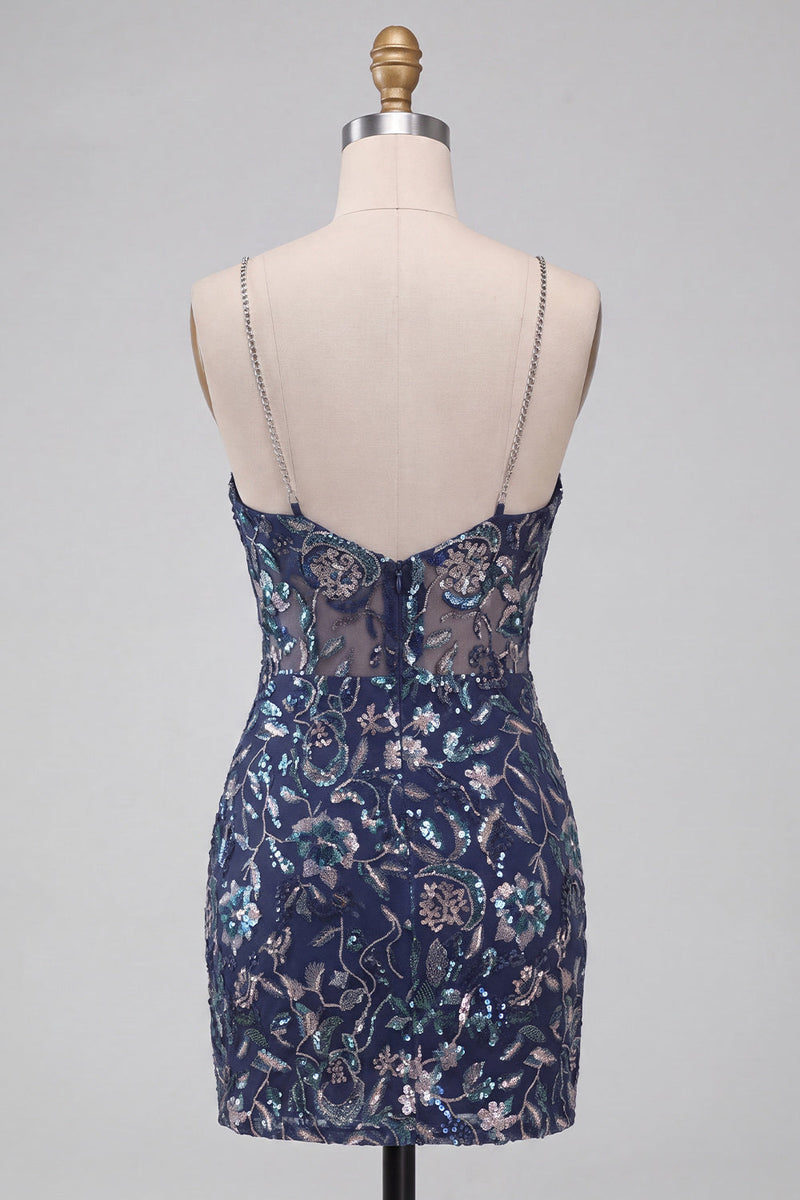 Load image into Gallery viewer, Navy Sparkly Tight Sequins FloralShort Cocktail Dress with Slit