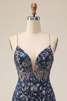 Load image into Gallery viewer, Navy Sparkly Tight Sequins FloralShort Cocktail Dress with Slit