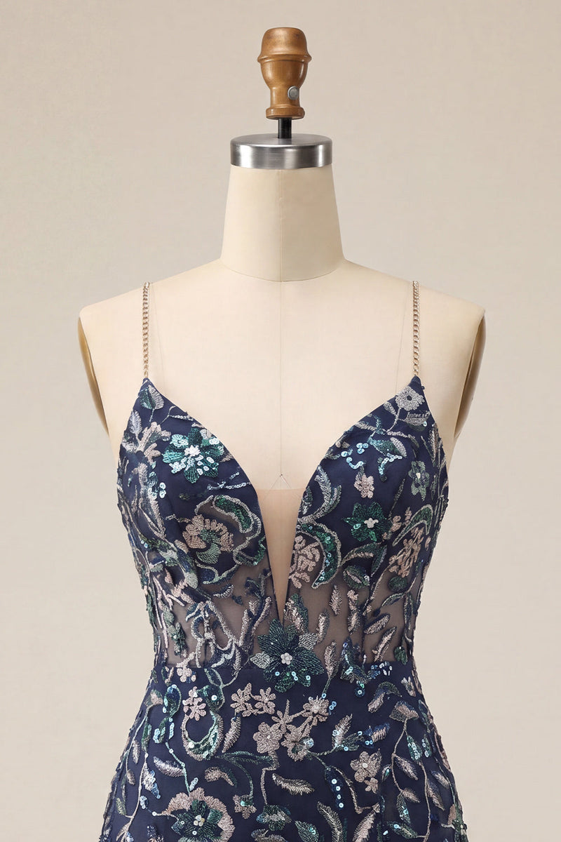 Load image into Gallery viewer, Navy Sparkly Tight Sequins FloralShort Cocktail Dress with Slit