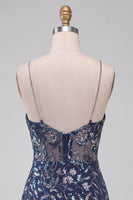 Load image into Gallery viewer, Navy Sparkly Tight Sequins FloralShort Cocktail Dress with Slit