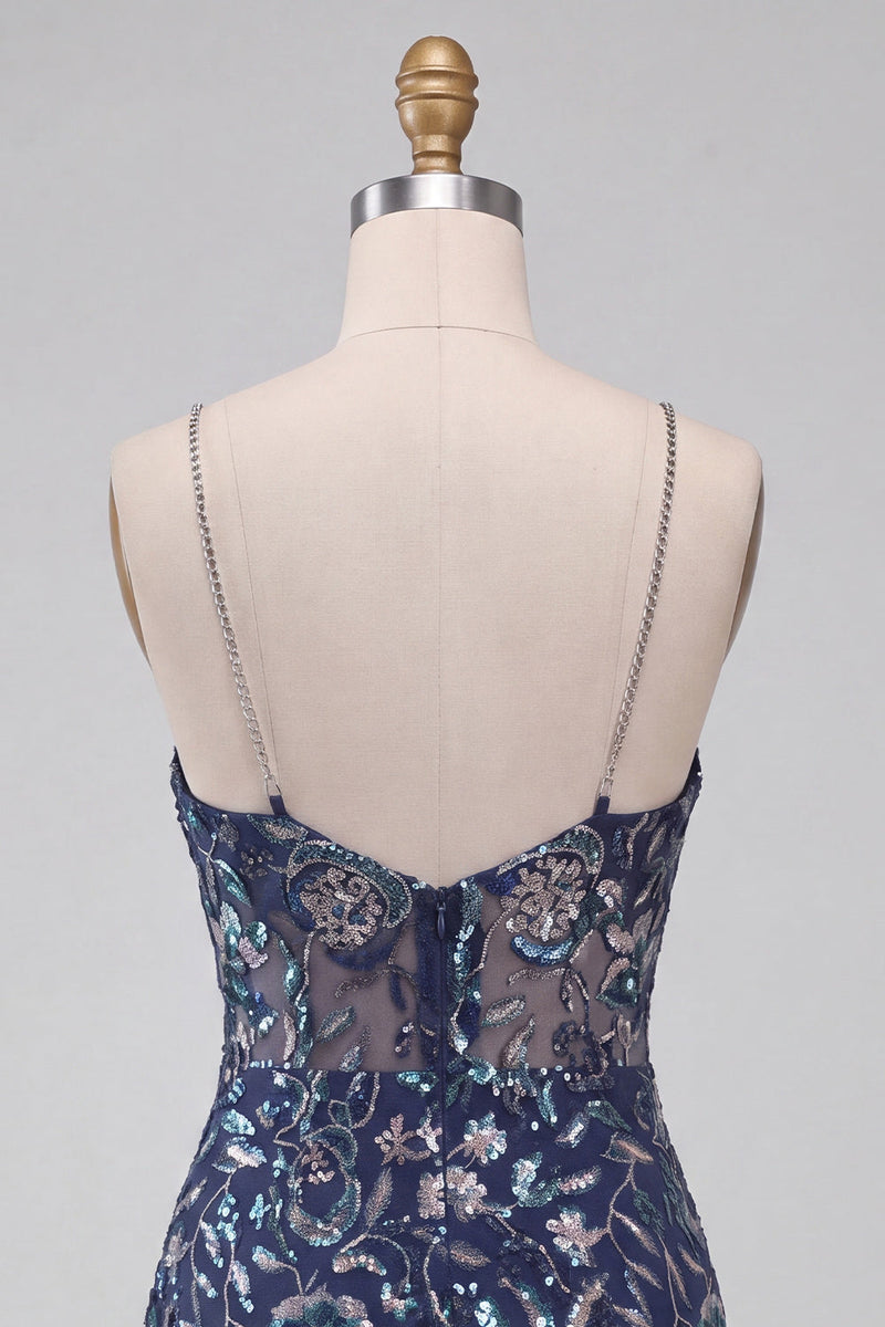 Load image into Gallery viewer, Navy Sparkly Tight Sequins FloralShort Cocktail Dress with Slit