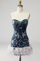 Load image into Gallery viewer, Navy Floral Sparkly Short Beaded Tight Cocktail Dress with Feathers