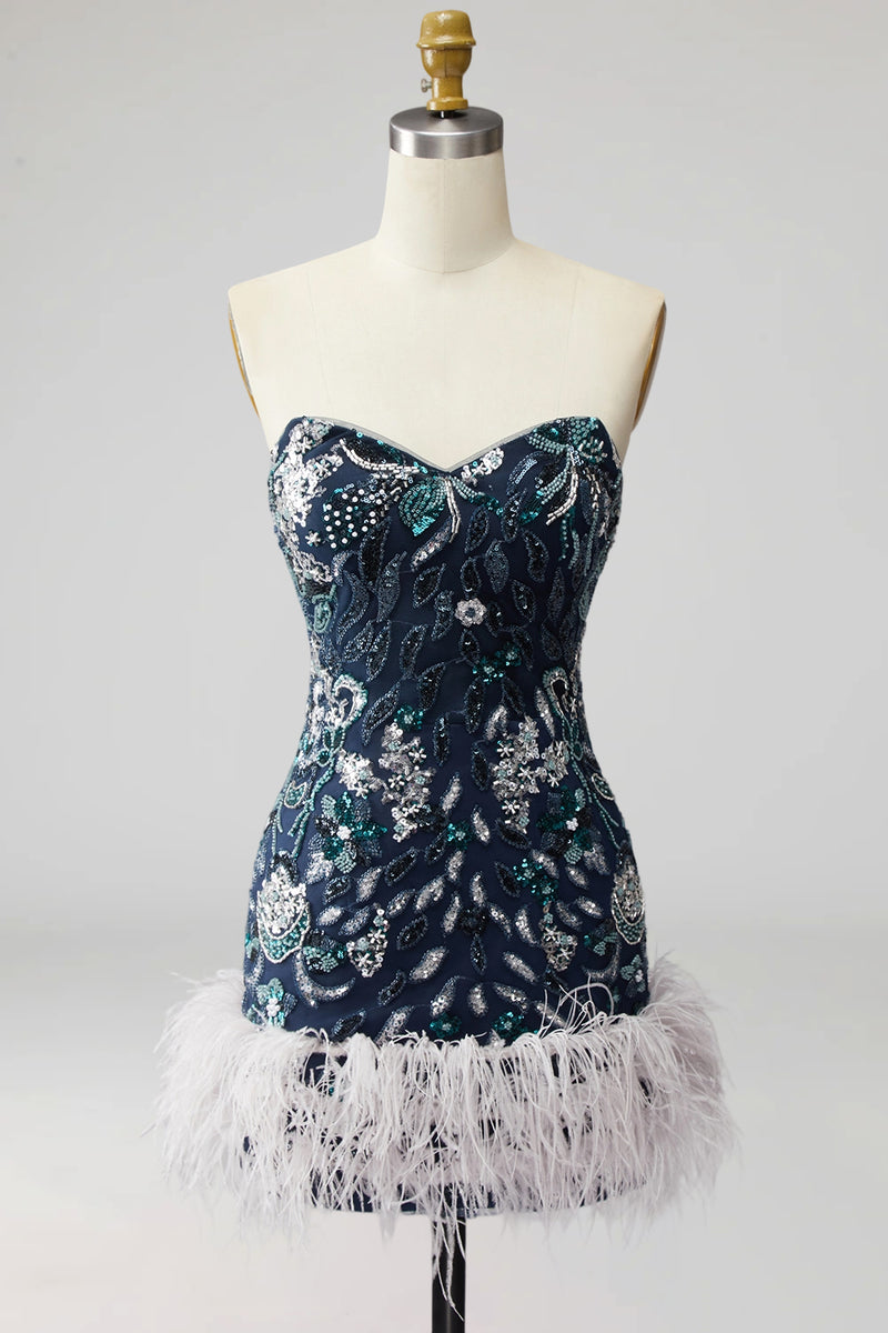 Load image into Gallery viewer, Navy Floral Sparkly Short Beaded Tight Cocktail Dress with Feathers