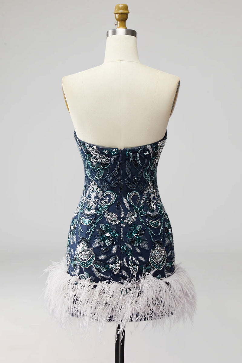 Load image into Gallery viewer, Navy Floral Sparkly Short Beaded Tight Cocktail Dress with Feathers