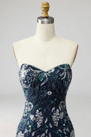 Load image into Gallery viewer, Navy Floral Sparkly Short Beaded Tight Cocktail Dress with Feathers