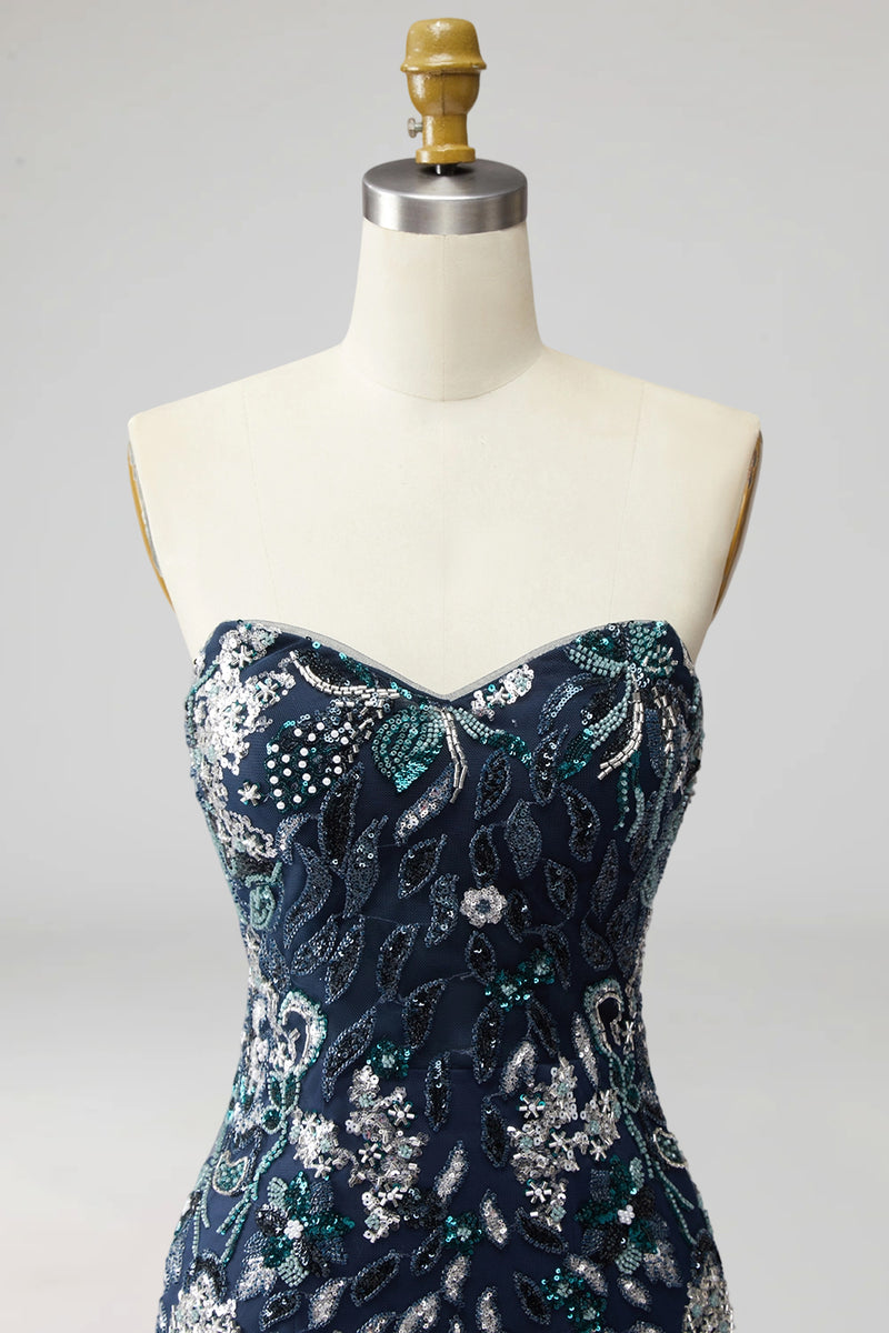 Load image into Gallery viewer, Navy Floral Sparkly Short Beaded Tight Cocktail Dress with Feathers