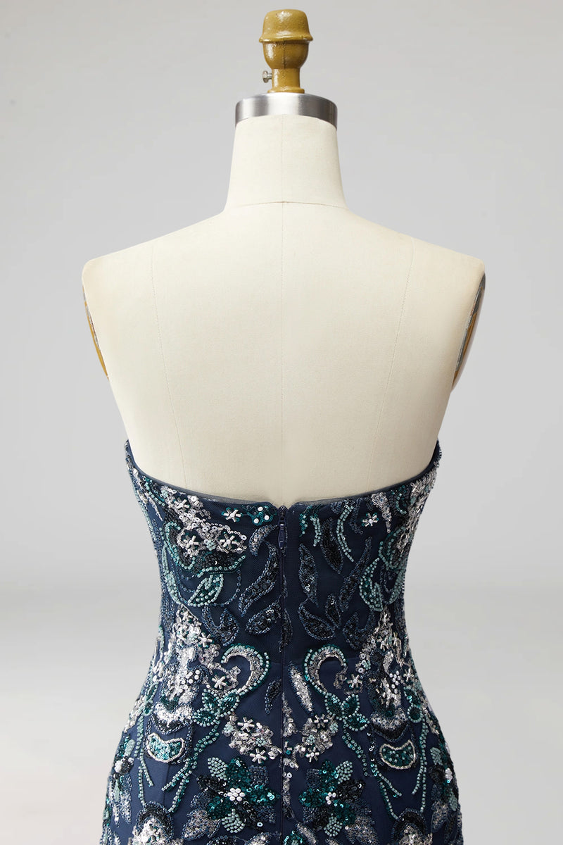 Load image into Gallery viewer, Navy Floral Sparkly Short Beaded Tight Cocktail Dress with Feathers