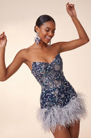 Load image into Gallery viewer, Navy Floral Sparkly Short Beaded Tight Cocktail Dress with Feathers