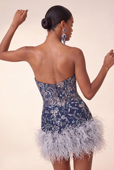 Navy Floral Sparkly Short Beaded Tight Cocktail Dress with Feathers