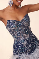 Load image into Gallery viewer, Navy Floral Sparkly Short Beaded Tight Cocktail Dress with Feathers
