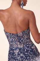 Load image into Gallery viewer, Navy Floral Sparkly Short Beaded Tight Cocktail Dress with Feathers