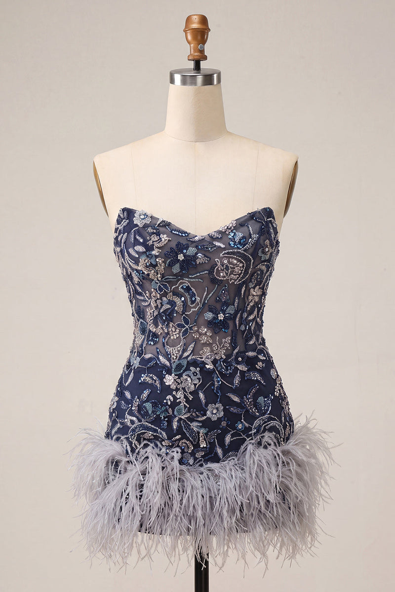 Load image into Gallery viewer, Navy Floral Sparkly Short Beaded Tight Cocktail Dress with Feathers