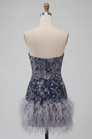 Load image into Gallery viewer, Navy Floral Sparkly Short Beaded Tight Cocktail Dress with Feathers
