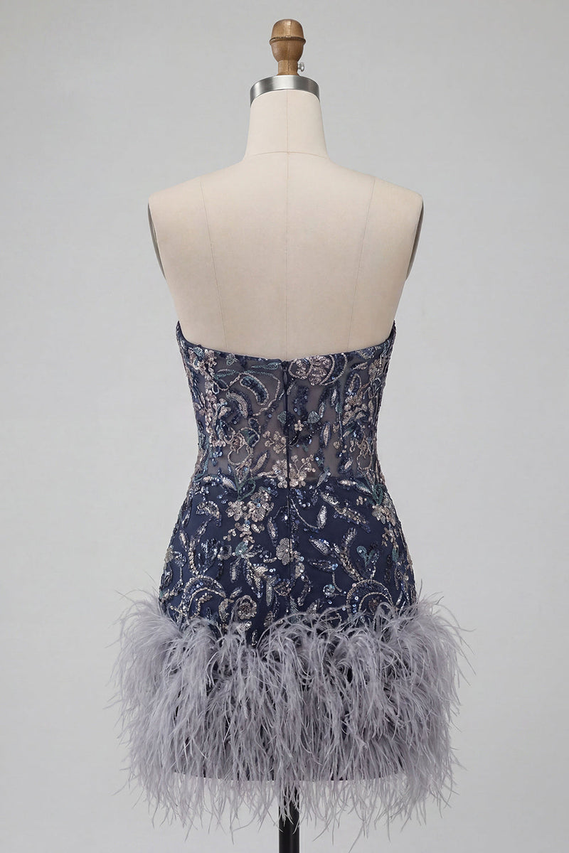 Load image into Gallery viewer, Navy Floral Sparkly Short Beaded Tight Cocktail Dress with Feathers