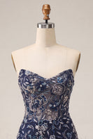 Load image into Gallery viewer, Navy Floral Sparkly Short Beaded Tight Cocktail Dress with Feathers
