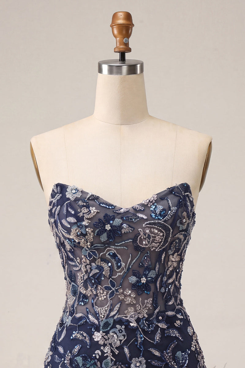 Load image into Gallery viewer, Navy Floral Sparkly Short Beaded Tight Cocktail Dress with Feathers