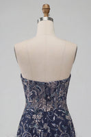 Load image into Gallery viewer, Navy Floral Sparkly Short Beaded Tight Cocktail Dress with Feathers
