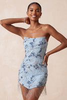 Load image into Gallery viewer, Dusty Blue Floral Sequins Sparkly Short Tight Cocktail Dress with Fringes