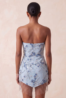 Dusty Blue Floral Sequins Sparkly Short Tight Cocktail Dress with Fringes