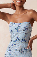 Load image into Gallery viewer, Dusty Blue Floral Sequins Sparkly Short Tight Cocktail Dress with Fringes