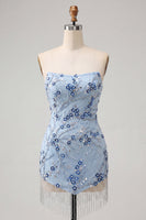 Load image into Gallery viewer, Dusty Blue Floral Sequins Sparkly Short Tight Cocktail Dress with Fringes