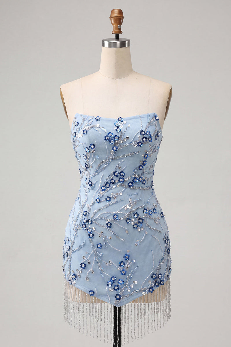 Load image into Gallery viewer, Dusty Blue Floral Sequins Sparkly Short Tight Cocktail Dress with Fringes