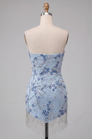 Load image into Gallery viewer, Dusty Blue Floral Sequins Sparkly Short Tight Cocktail Dress with Fringes