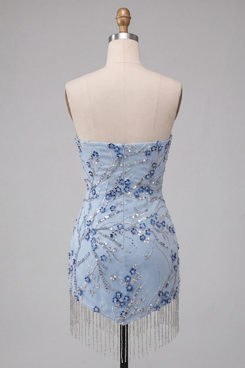Load image into Gallery viewer, Dusty Blue Floral Sequins Sparkly Short Tight Cocktail Dress with Fringes