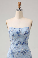 Load image into Gallery viewer, Dusty Blue Floral Sequins Sparkly Short Tight Cocktail Dress with Fringes