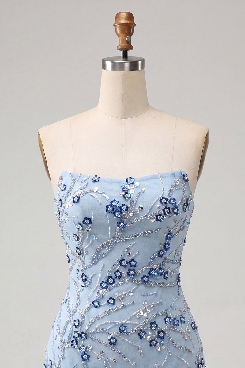 Load image into Gallery viewer, Dusty Blue Floral Sequins Sparkly Short Tight Cocktail Dress with Fringes