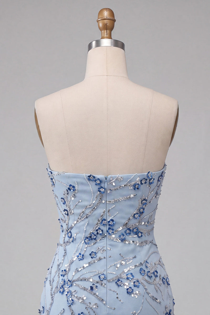 Load image into Gallery viewer, Dusty Blue Floral Sequins Sparkly Short Tight Cocktail Dress with Fringes