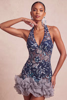 Load image into Gallery viewer, Floral Navy Tight Ruffled Halter Sparkly Short Cocktail Dress with Beading