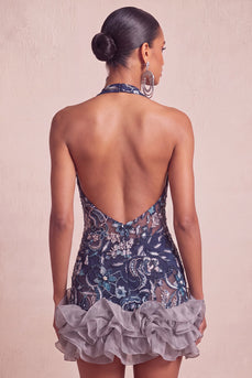 Floral Navy Tight Ruffled Halter Sparkly Short Cocktail Dress with Beading