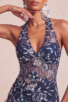Load image into Gallery viewer, Floral Navy Tight Ruffled Halter Sparkly Short Cocktail Dress with Beading