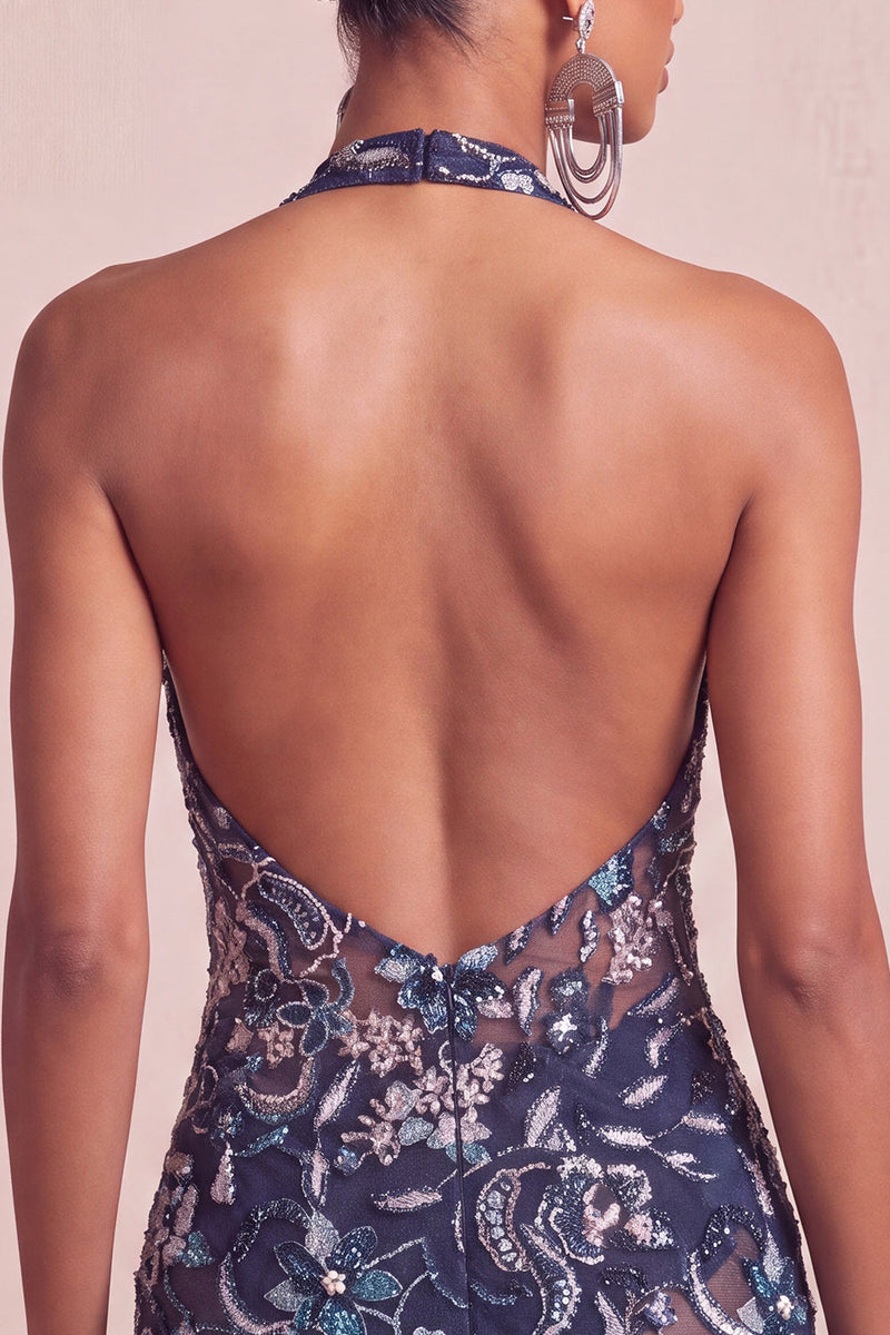 Load image into Gallery viewer, Floral Navy Tight Ruffled Halter Sparkly Short Cocktail Dress with Beading