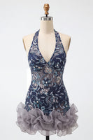 Load image into Gallery viewer, Floral Navy Tight Ruffled Halter Sparkly Short Cocktail Dress with Beading
