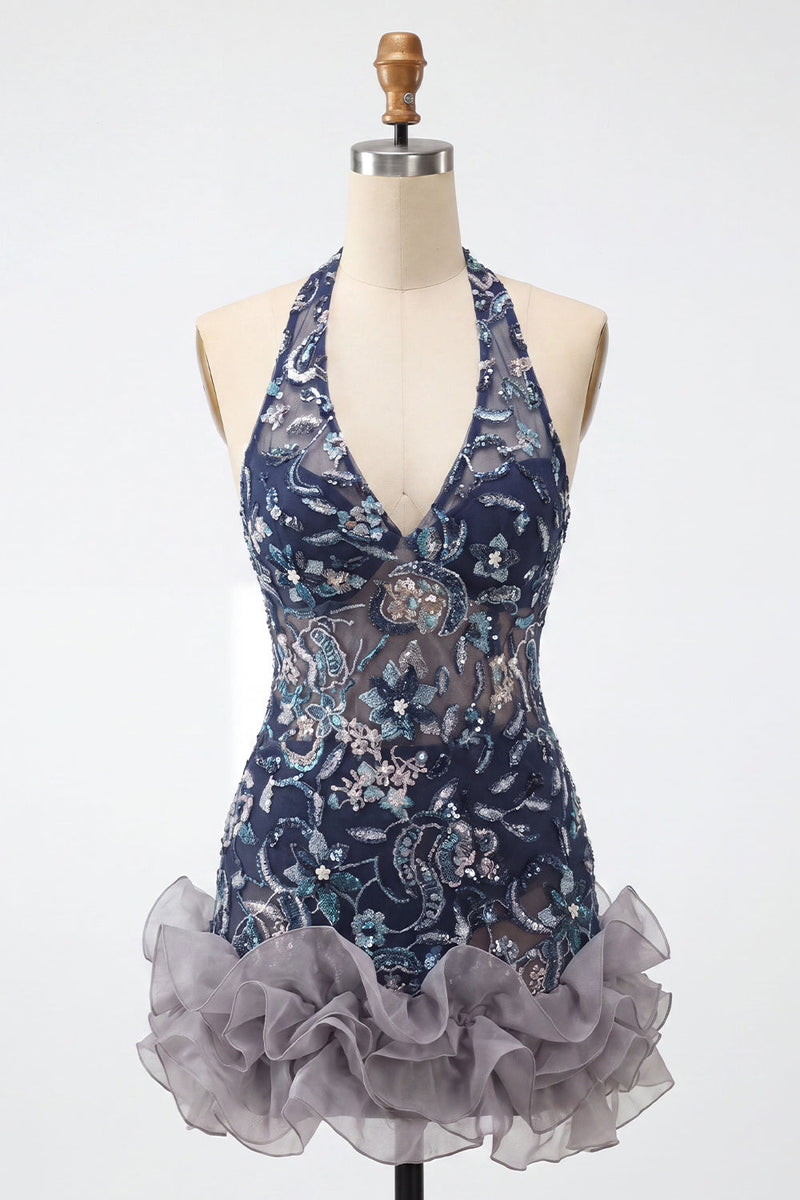 Load image into Gallery viewer, Floral Navy Tight Ruffled Halter Sparkly Short Cocktail Dress with Beading